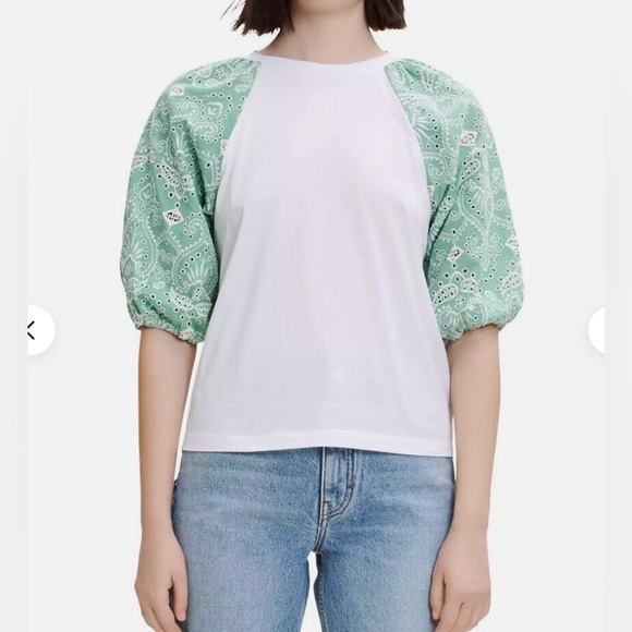 Maje Women's Taberie Lace Puff Sleeve Crew Neck Top Blouse 1/Small White Green - Picture 1 of 6